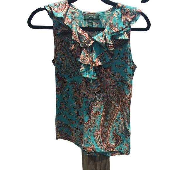 Ralph Lauren Tops - Ralph Lauren womens sleeveless ruffle tank top S teal green paisley southwest